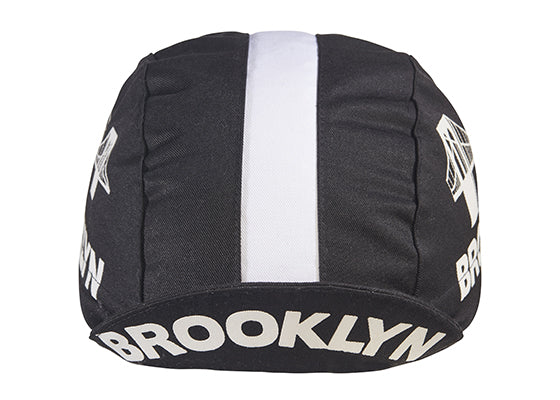 Brooklyn Black Cotton 3-Panel Cycling Cap.  White stripe with Brooklyn bridge logo and Brooklyn text on side and brim.  Brim up front view.