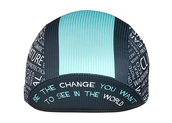 "Be The Change" Cap Technical 3-Panel Cap.  Black and light blue with eco-friendly key words on side panel.  Front  View Bill Up.