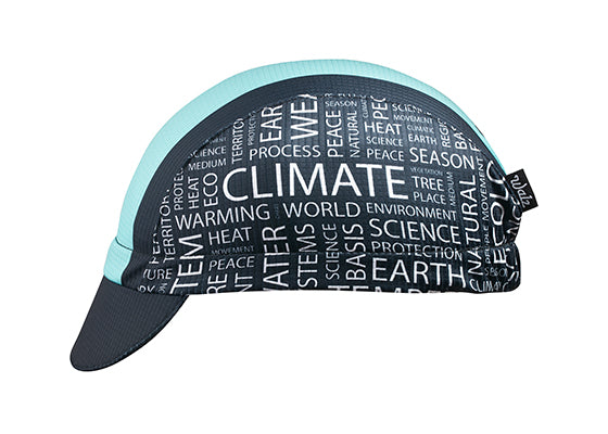 "Be The Change" Cap Technical 3-Panel Cap.  Black and light blue with eco-friendly key words on side panel.  Side View.