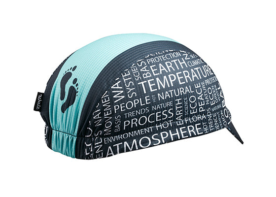 "Be The Change" Cap Technical 3-Panel Cap.  Black and light blue with eco-friendly key words on side panel.  Angled View from back.