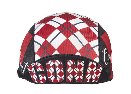 Connecticut Technical 3-Panel Cycling Cap.  Black cap with Red and white checkers on side and checkered CONN text under brim. Brim up front view.