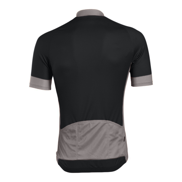 Black short-sleeve technical jersey with gray accents on the neck, cuffs, back pocket, and stripes.  Back view.
