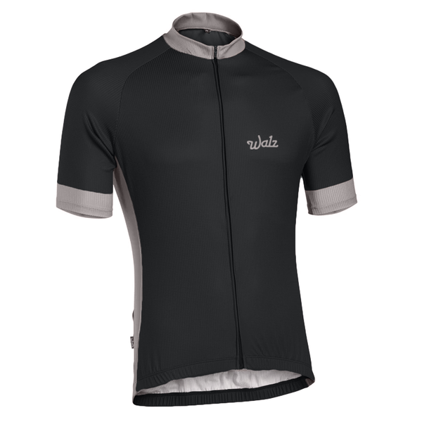 Black short-sleeve technical jersey with gray accents on the neck, cuffs, and stripes.  Angled view.