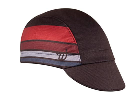 "The Finisher" 3-Panel Technical Cap.  Black with orange white and blue stripes.  Angled view.