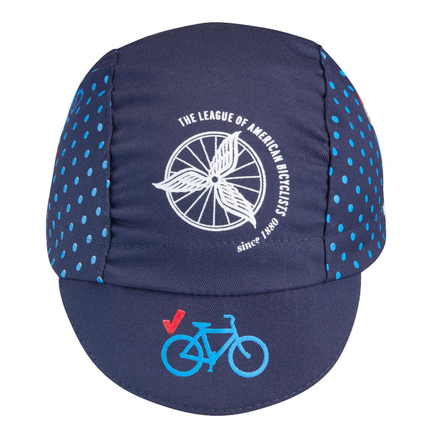 Cap For a Cause - League of American Bicyclists Technical 3-Panel cap.  Navy blue cap with light blue polka dots.  Features Vote text and League of American Bicyclists imagery.  Front view.