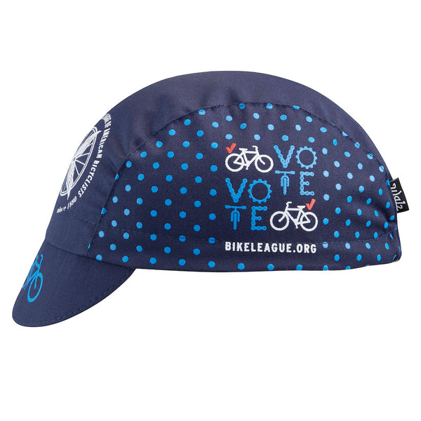Cap For a Cause - League of American Bicyclists Technical 3-Panel cap.  Navy blue cap with light blue polka dots.  Features Vote text and League of American Bicyclists imagery.  Side view.