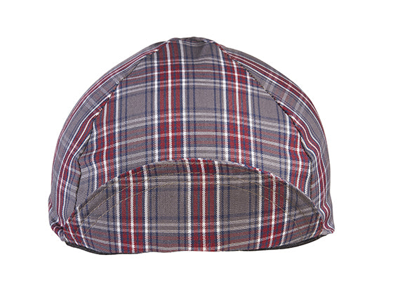 Grey/Maroon 4-Panel Plaid Cotton Cycling Cap. Brim up front view.