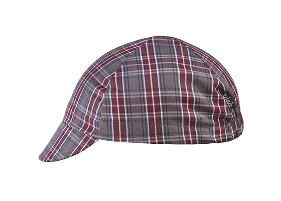 Grey/Maroon 4-Panel Plaid Cotton Cycling Cap. Side view.