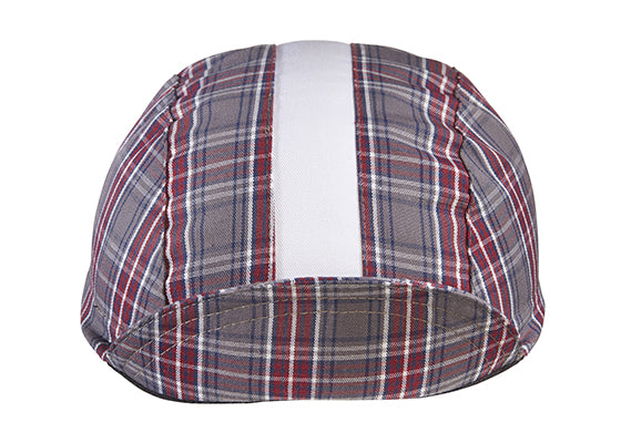 Grey/Maroon/White Stripe 3-Panel Plaid Cotton Cycling Cap. Brim up front view.