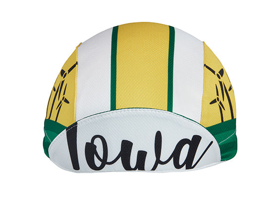 Iowa Technical 3-Panel Cycling Cap. Green, white, and yellow cap with windmills on the side and Iowa text under brim.  Brim up front view.