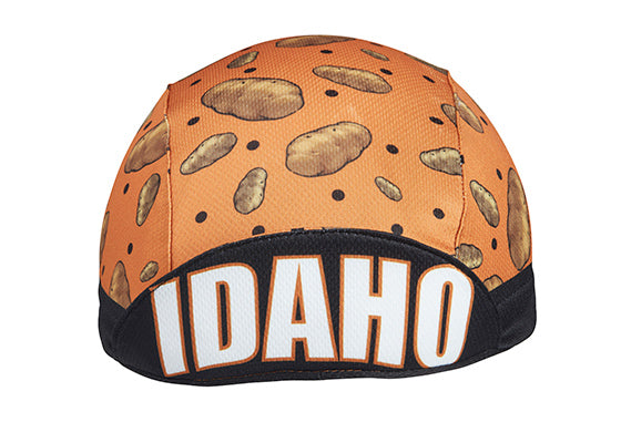 Idaho Technical 3-Panel Cycling Cap.  Orange and black cap with potato print and IDAHO text under brim.  Brim up front view.