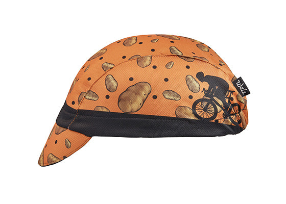 Idaho Technical 3-Panel Cycling Cap.  Orange and black cap with potato print.  Side view.