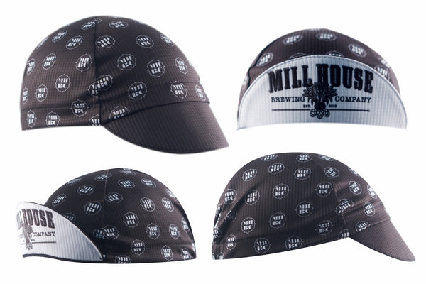 Mill House Brewing Co. Technical 3-Panel Cycling Cap.  Black cap with MHBC logo print.  Millhouse brewing logo under brim.  4 different views.