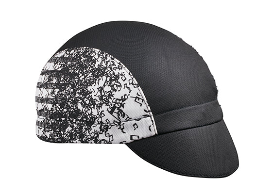 Nashville 3-Panel Technical Cycling Cap.  Black and white cap with jumbled musical note print on side.  Angled view.