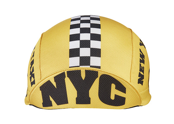 NYC Taxi Technical 3-Panel Cycling Cap.  Yellow cap with checkered flag stripe. NYC text under brim.  Brim up front view.