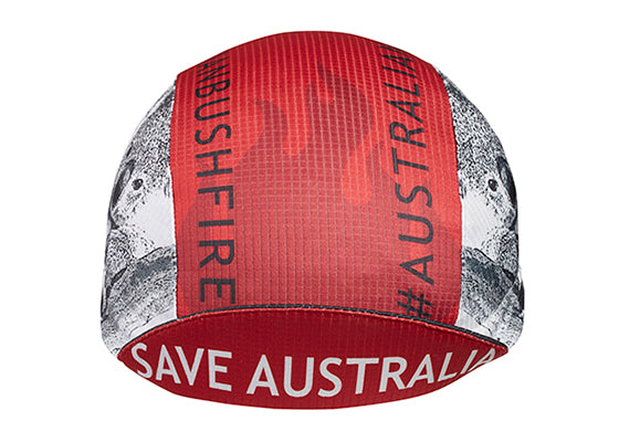 Cap For a Cause - "WIRES" Save Australia Technical 3-Panel Cycling Cap. Red, white, and black cap with Koala bear on the side and AUSTRALIANBUSHFIRE text on top. Save Australia text under brim.  Brim up front view.