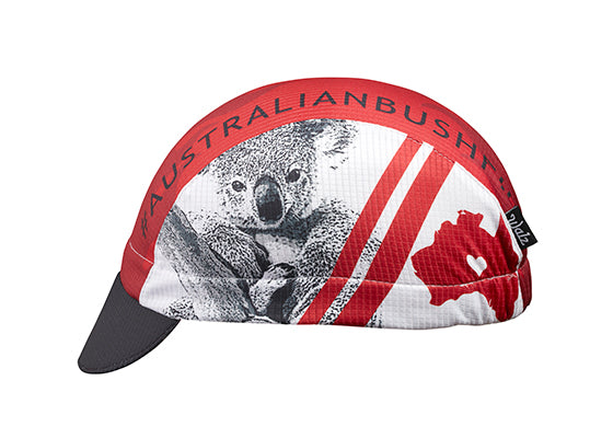 Cap For a Cause - "WIRES" Save Australia Technical 3-Panel Cycling Cap. Red, white, and black cap with Koala bear on the side and AUSTRALIANBUSHFIRE text on top.  Side view.