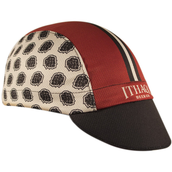 Ithaca Beer Co. Technical 3-Panel Cycling Cap.  Red, white and black cap with hops imagery on side.  Angled view.