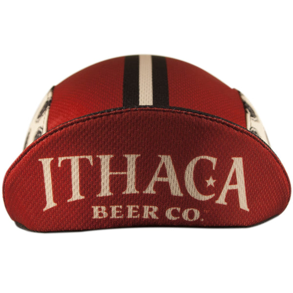 Ithaca Beer Co. Technical 3-Panel Cycling Cap.  Red, white and black cap with Ithaca Beer Co. under brim.  Brim up front view.