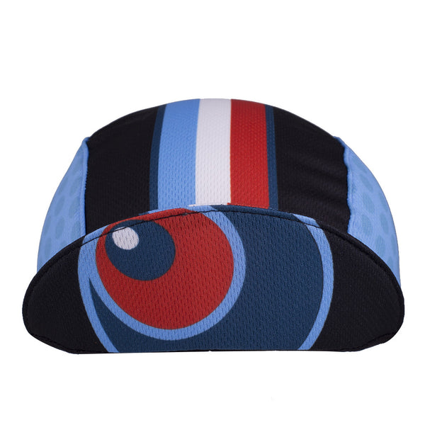 Red Eye Brewing Co. Technical 3-Panel Cycling Cap.  Blue and black cap with blue, white, and red stripes.  Red Eye brewing company imagery under brim.  Brim up front view.