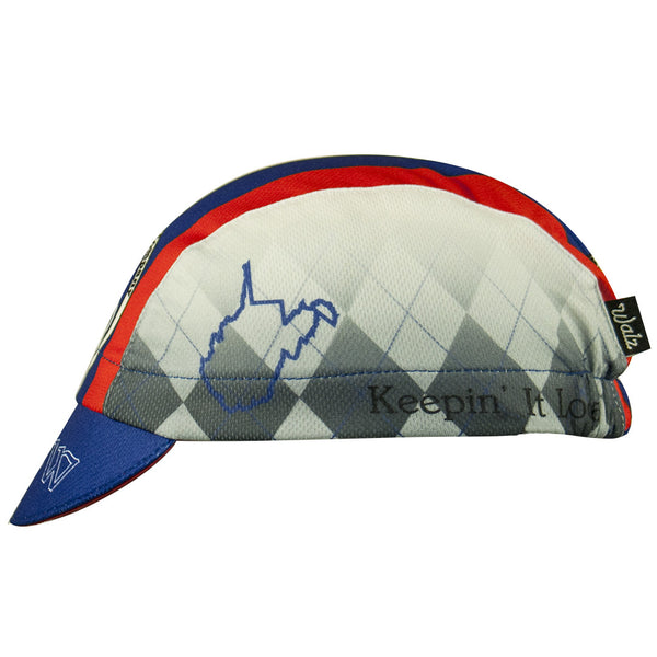 Wheeling Brewing Co. Technical 3-Panel Cycling Cap. Blue and orange cap with gray argyle pattern on side.  Wheeling brewing company imagery on side, front, and brim.  Side view.