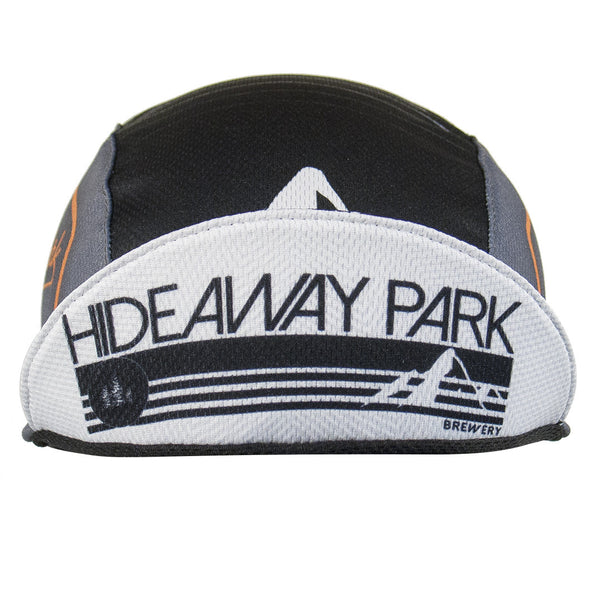 Hideaway Park Brewery Technical 3-Panel Cap.  Black and gray cap with Hideaway Park Brewing image on the underside of brim.  Brim up front view.