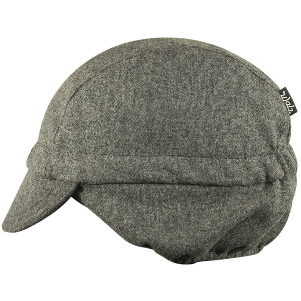 Grey/Black Stripe Wool Flannel Ear Flap Cap.  Side view.