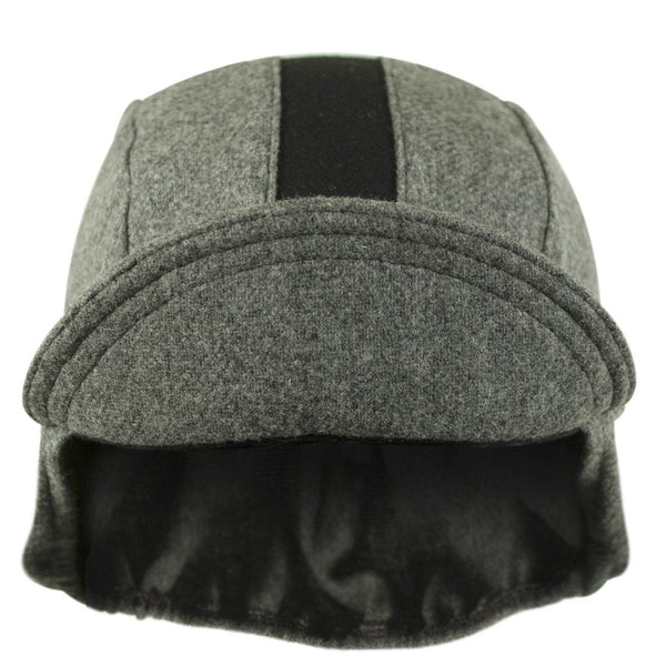 Grey/Black Stripe Wool Flannel Ear Flap Cap.  Brim up front view.