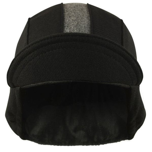 Black/Grey Wool Flannel Ear Flap Cap 3-Panel.  Gray contrasting stripe.  Bill up front view.