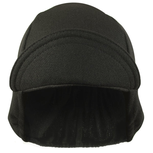 Black Wool Flannel Ear Flap 4-Panel Cap.  Bill up front view.