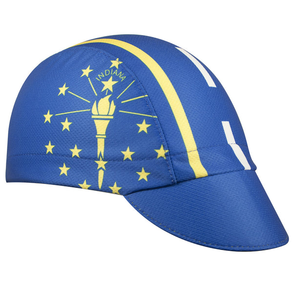 Indiana Technical 3-Panel Cycling Cap.  Blue cap with yellow and white stripes and Indiana torch imagery.  Angled view.