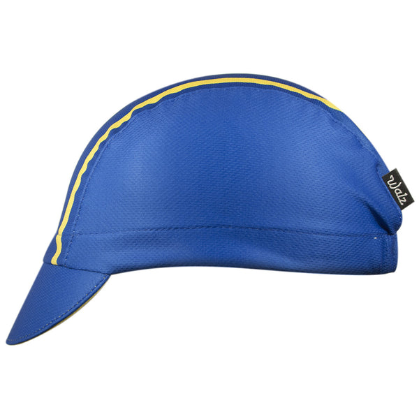 Indiana Technical 3-Panel Cycling Cap.  Blue cap with yellow and white stripes.  Side view.