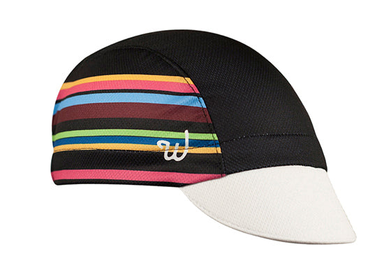 "Inspiration" Technical 3-Panel Cap.  Black cap with white brim and multicolor strping on side panel.  Angled view.