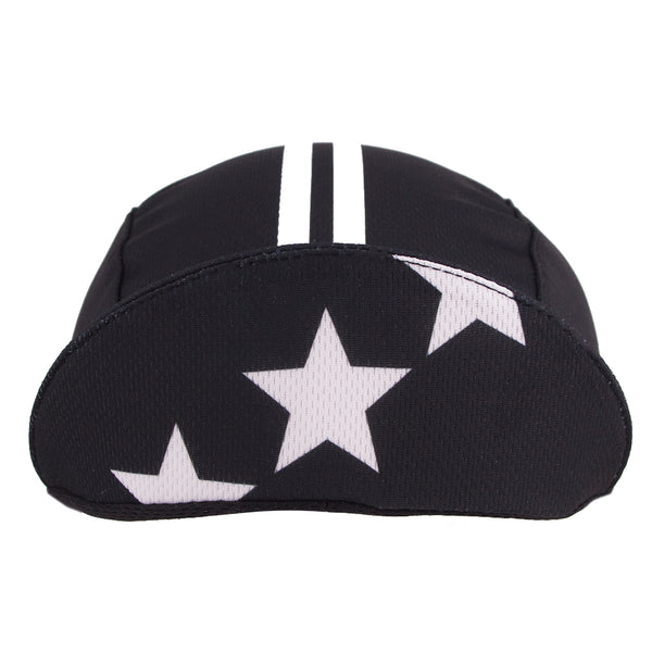 "Stars & Stripes" Technical 3-Panel Cap.  Black cap with white stars and stripes.  Bill up front view.