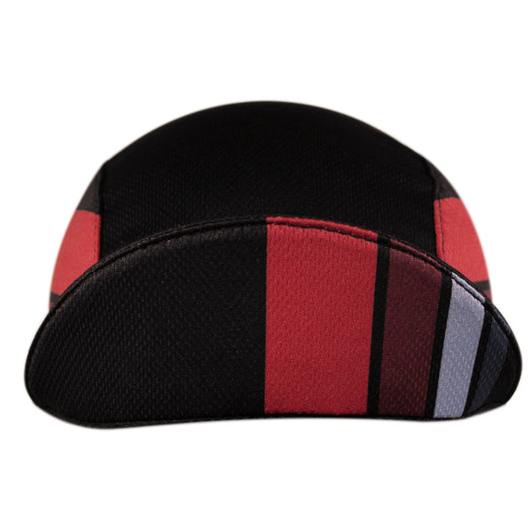 "The Finisher" Technical 3-Panel Cap.  Black cap with red, white, and gray stripes.  Bill up front view.