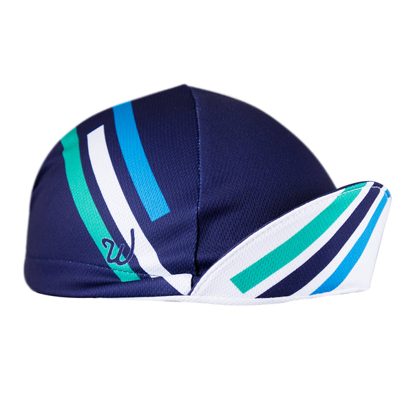 "Sea Breeze" Technical 4-Panel Cap.  Blue cap with green white and blue stripes.  Angled view. Bill up.