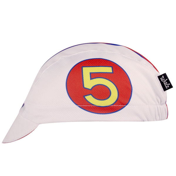 "Speed-Oh!" Technical Kids Cap.  White 3-panel cap with red and blue stripe, white stars, and number 5 icon.  Side view.