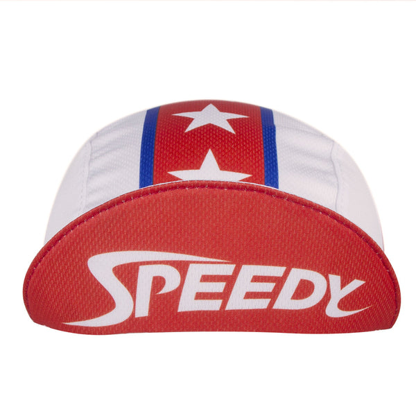 "Speed-Oh!" Technical Kids Cap.  White 3-panel cap with red and blue stripe, white stars, and Speedy text under brim.  Brim up front view.