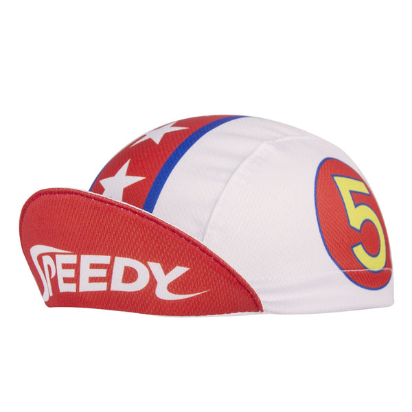 "Speed-Oh!" Technical Kids Cap.  White 3-panel cap with red and blue stripe, white stars, and number 5 icon.  Angled view.
