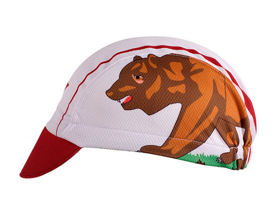 California 3-Panel Technical Cycling Cap.  White cap with red brim and bear imagery.  Side view.