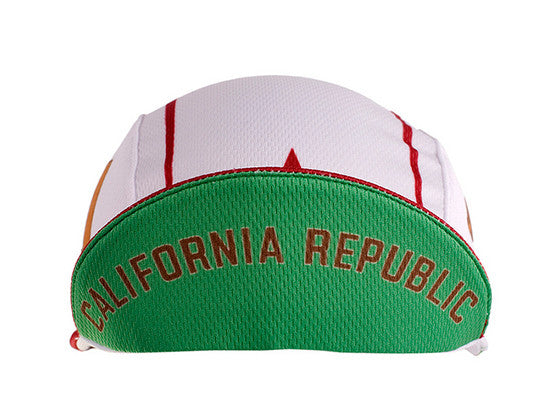 California 3-Panel Technical Cycling Cap.  White cap with green under brim and text California Republic.  Brim up front view.