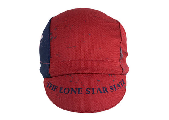 Texas Technical 3-Panel Cycling Cap. Red, white and blue cap with Texas state outline and TX text on side. THE LONE STAR STATE text on brim.  Front view.