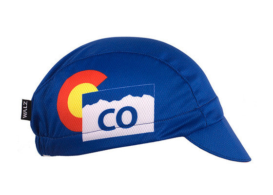 Colorado 3-Panel Technical Cycling Cap.  Blue cap with CO flag icon and licence plate icon on side. Side view.