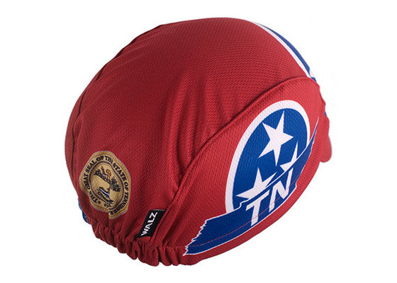 Tennessee Technical 3-Panel Cycling Cap.  Red cap with Tennessee flag imagery. Tennessee state seal on back.  Overhead back view.