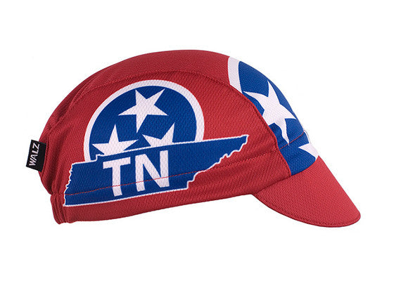 Tennessee Technical 3-Panel Cycling Cap.  Red cap with Tennessee flag imagery.  Side view.