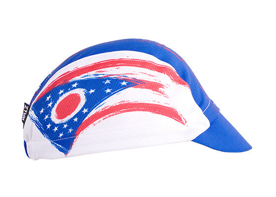 Ohio Technical 3-Panel Cycling Cap. Blue and white cap with Ohio flag imagery.  Side view.