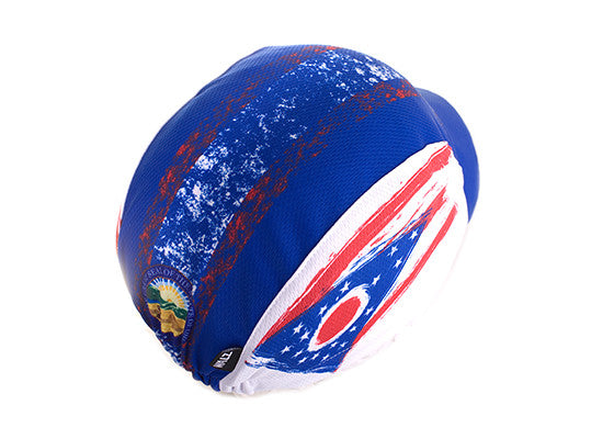 Ohio Technical 3-Panel Cycling Cap. Blue and white cap with Ohio flag imagery. Ohio state seal on back. Overhead back view.
