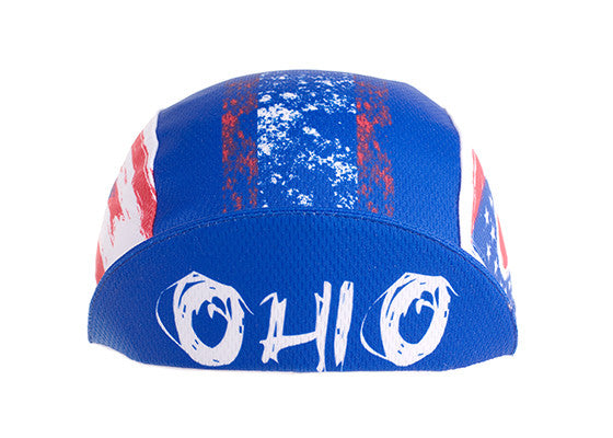 Ohio Technical 3-Panel Cycling Cap. Blue and white cap with OHIO text under brim.  Brim up front view.