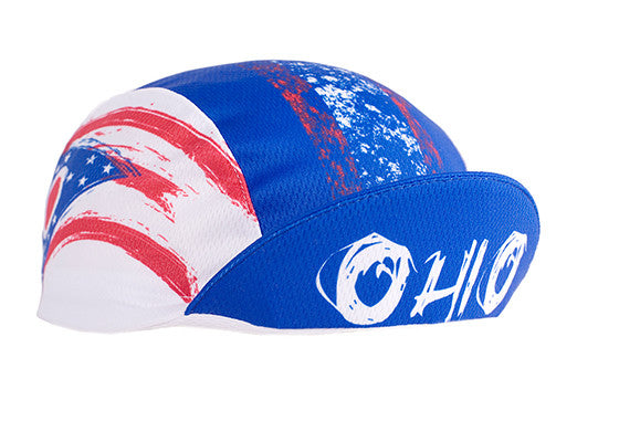 Ohio Technical 3-Panel Cycling Cap. Blue and white cap with Ohio flag imagery. OHIO text under brim. Brim up angled view.