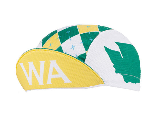 Washington Technical 3-Panel Cycling Cap.  Green, white and yellow cap with Washington state outline on side and WA text under brim.  Brim up angled view.